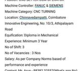 CNC SETTER CUM OPERATOR Experience : Minimum 3